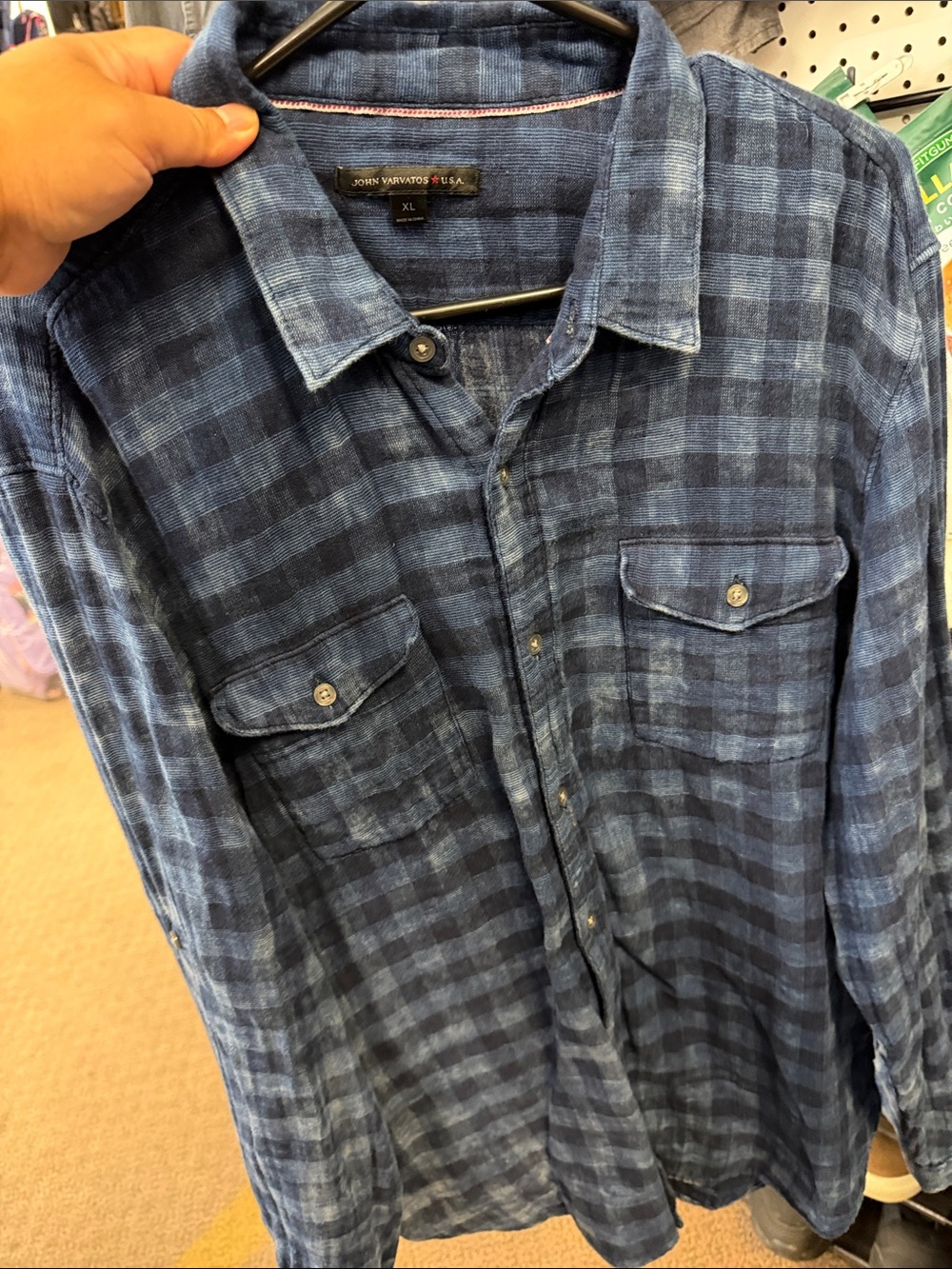 John Varvatos Blue Plaid Long-Sleeve Casual Button-Down